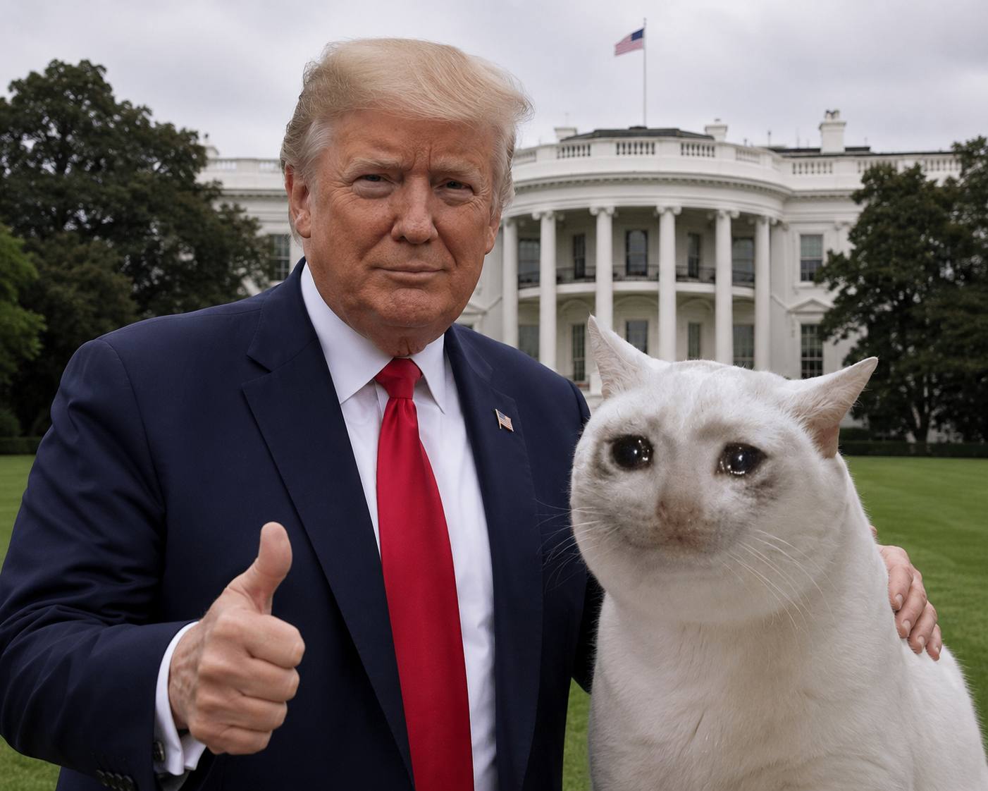 The sad cat next to a president giving a thumbs up at the White House