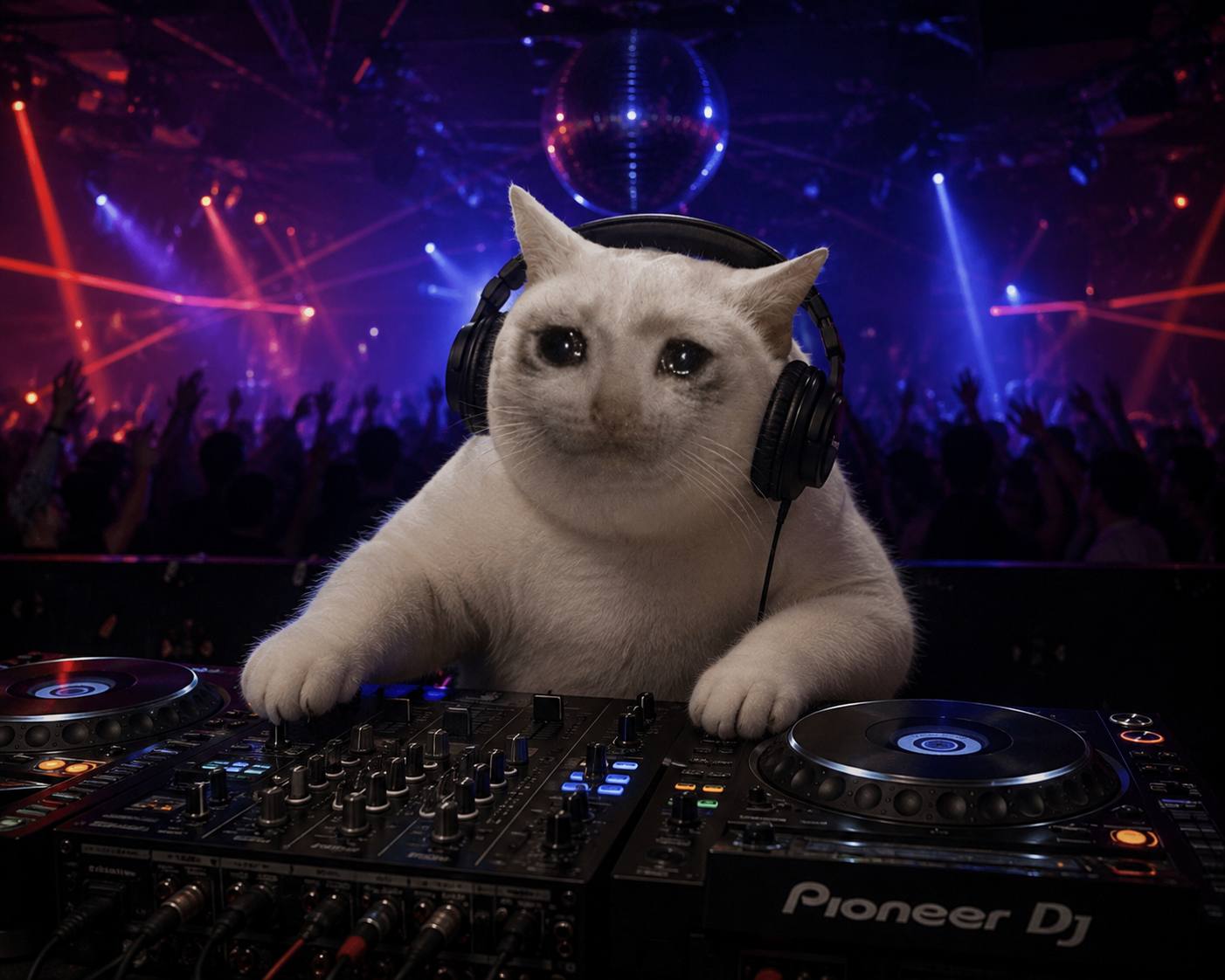 The sad cat as a DJ crying under neon club lights