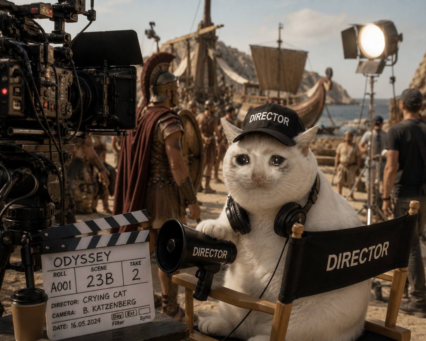 The sad cat as a film director on set with a megaphone