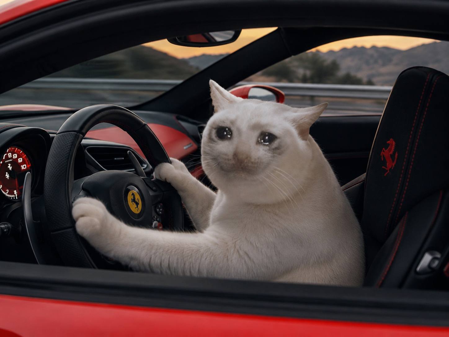 The sad cat crying while driving a red Ferrari
