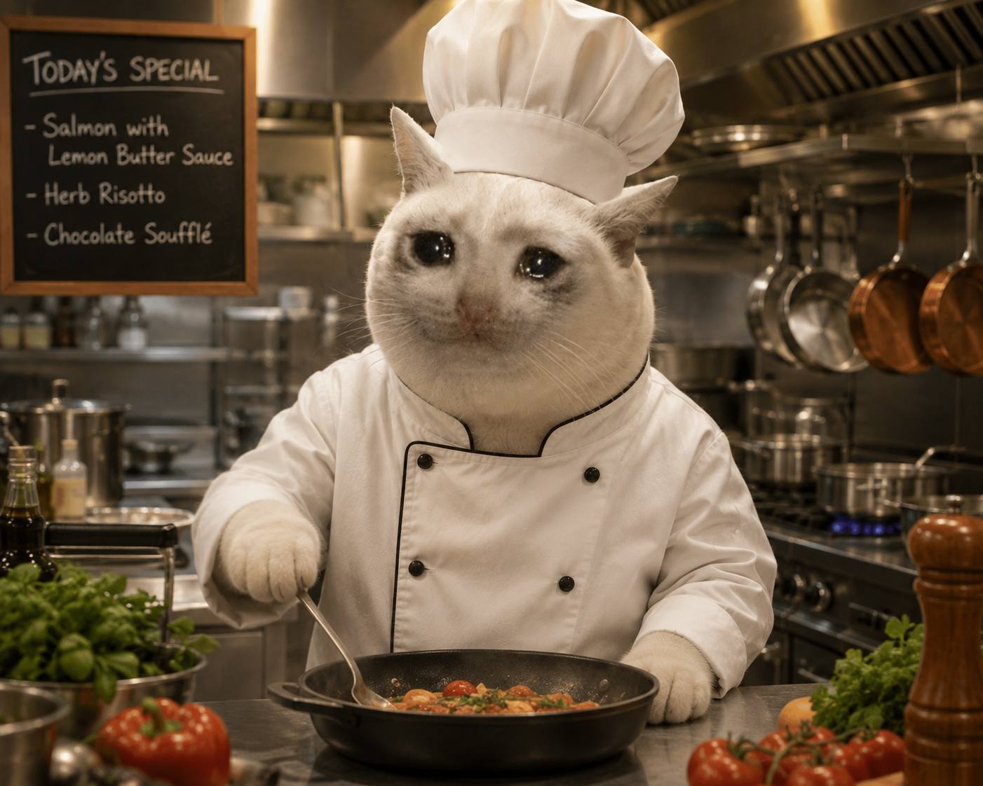 The sad cat as a chef cooking in a restaurant kitchen