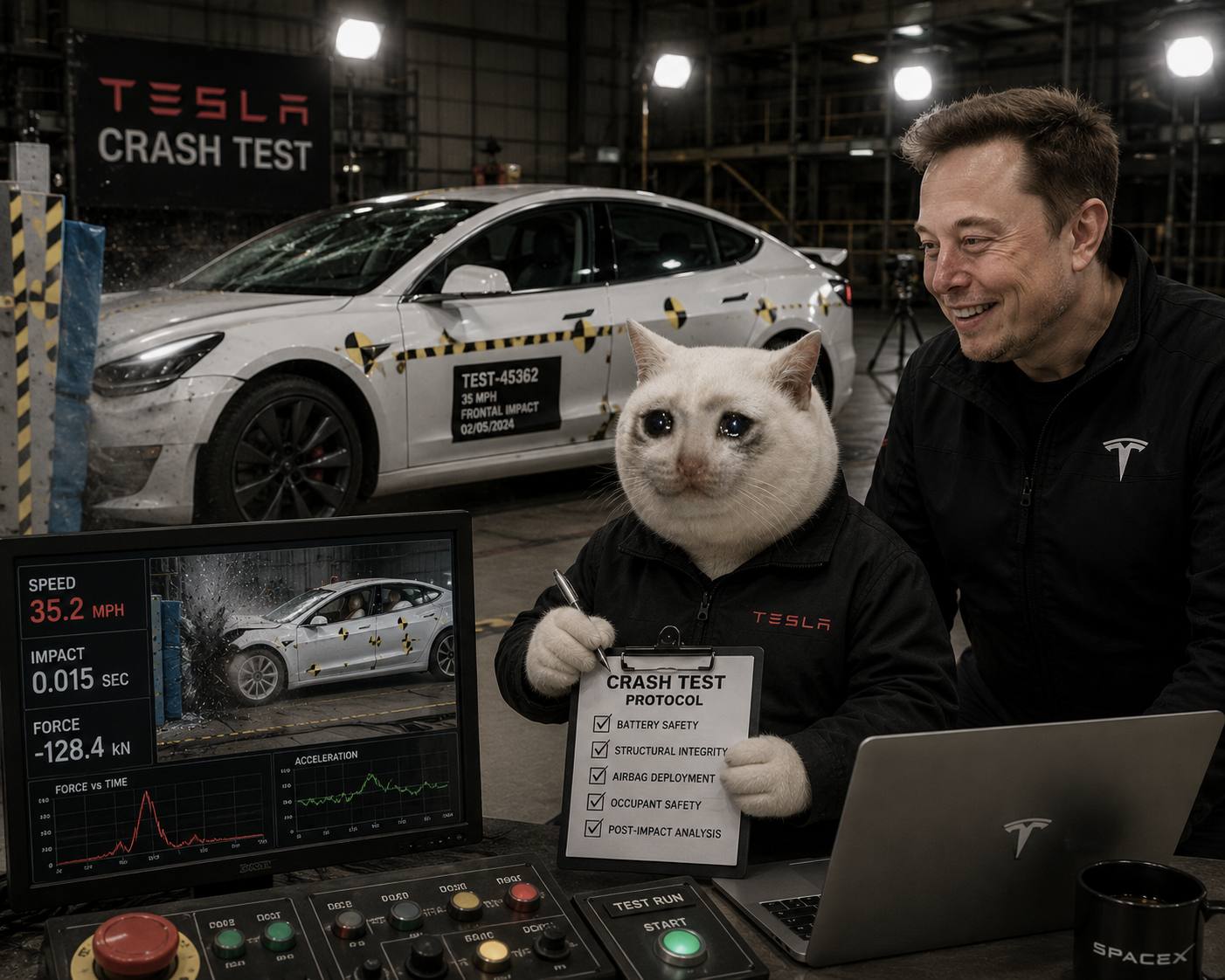 The sad cat running a Tesla crash test next to Elon Musk