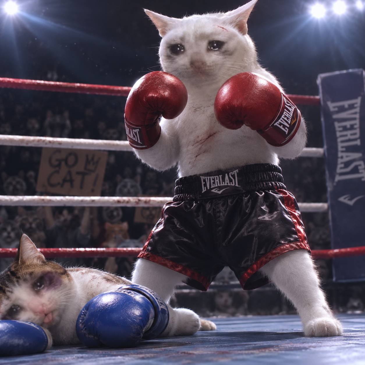 The sad cat as a boxing champion standing over a knocked-out opponent