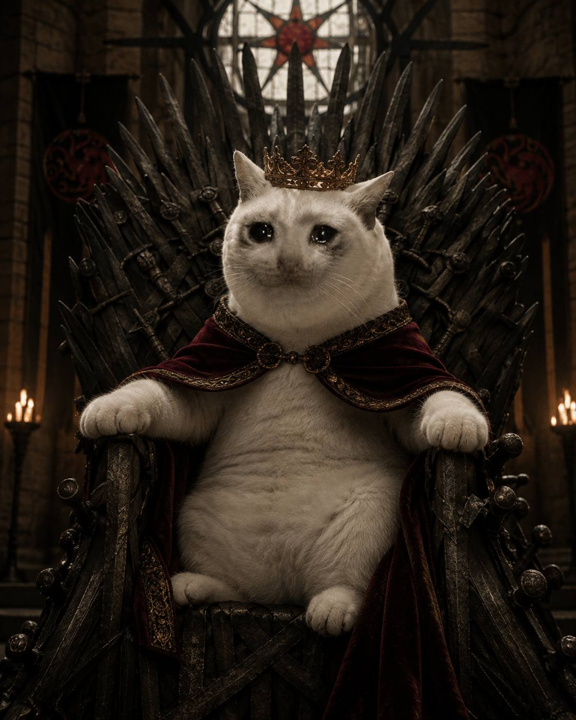 The sad cat wearing a crown on the Iron Throne